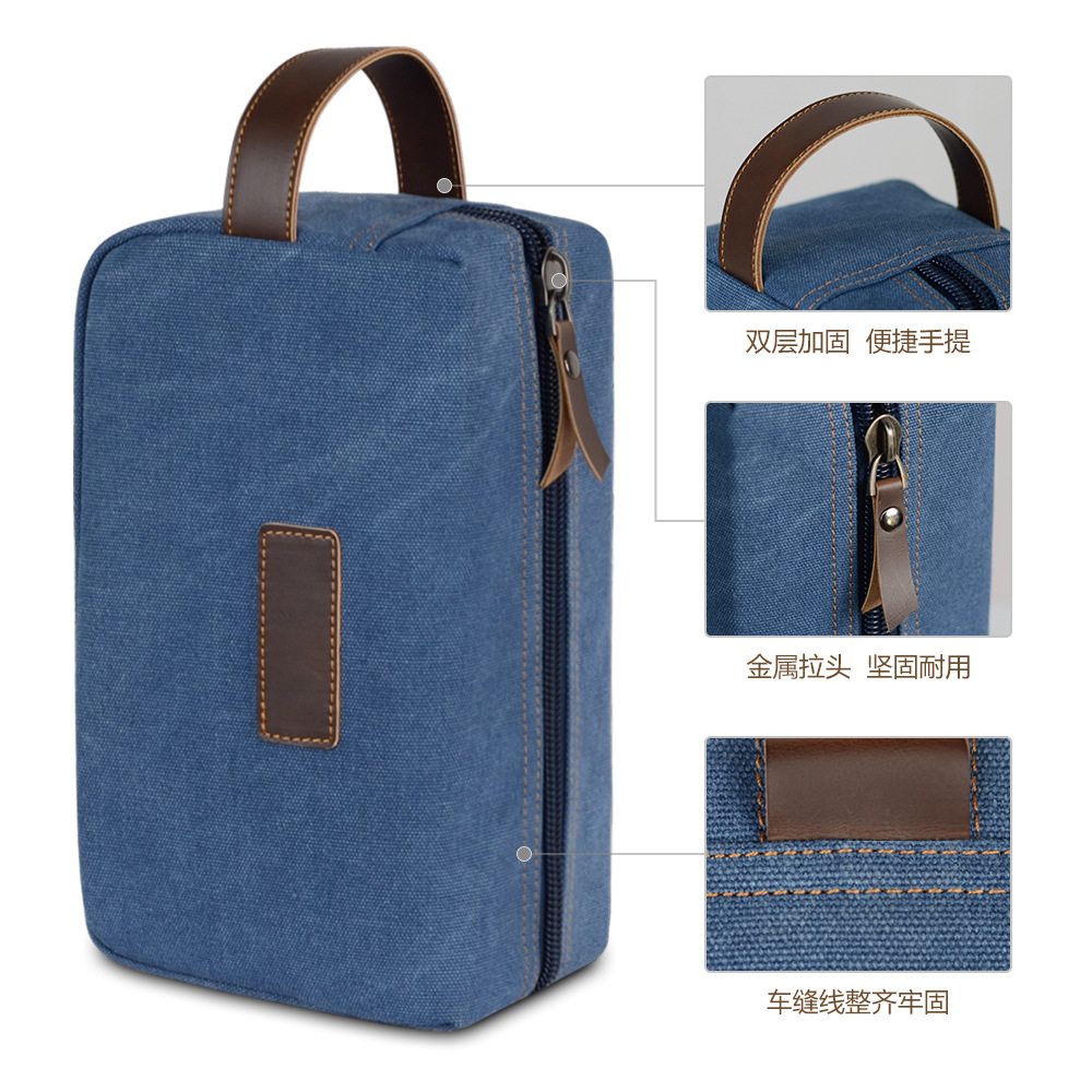 Bolsa de aseo masculina impermeable de lona con detalles de cuero retro