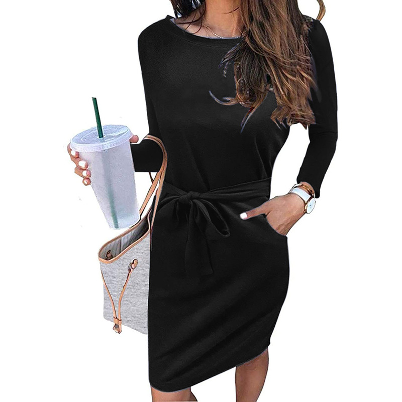 2021 European and American Cross-border Crewneck Long-sleeved Waist Strap Solid Color Dress Women's Clothing 2021 European and American Cross-border Crewneck Long-sleeved Waist Strap Solid Color Dress Women's Clothing
