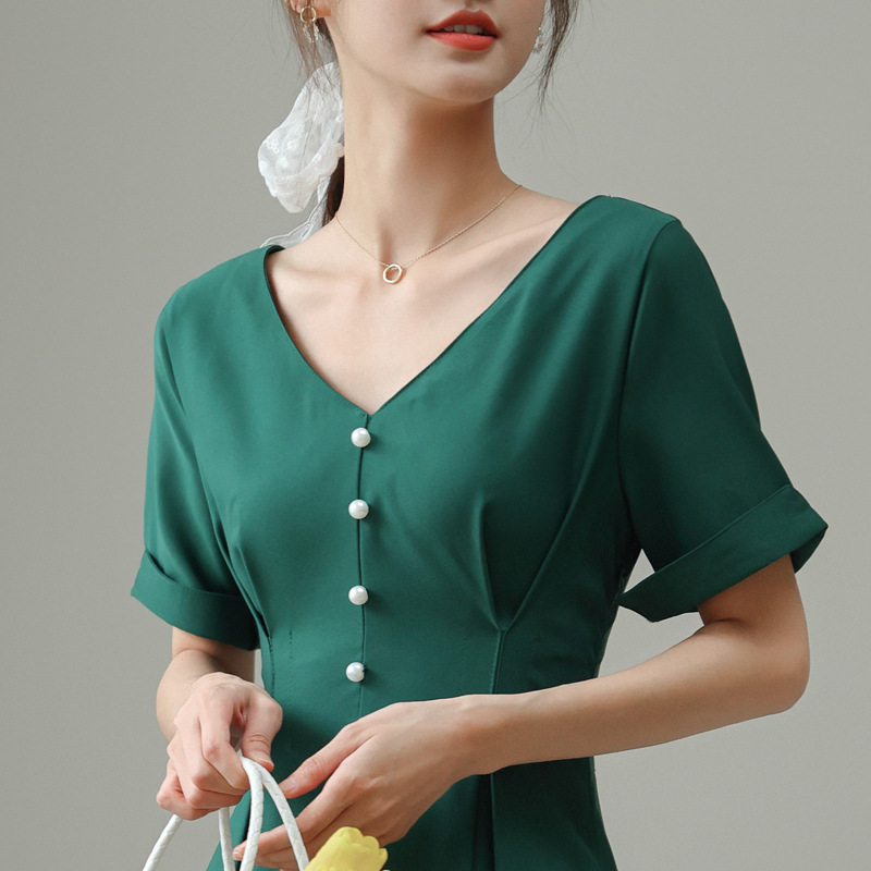 French temperament thin dress Hepo wind 2021 summer new short-sleeved retro collar collection waist dress