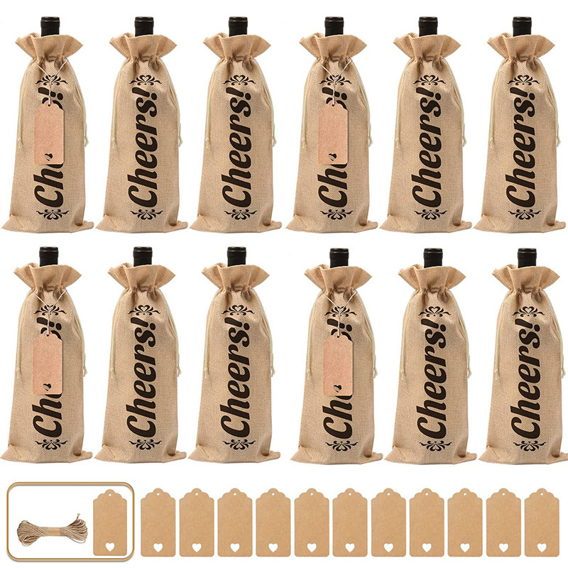 亚马逊葡萄酒麻布红酒袋礼品束口袋12个吊牌抽绳酒瓶袋盲品袋套装