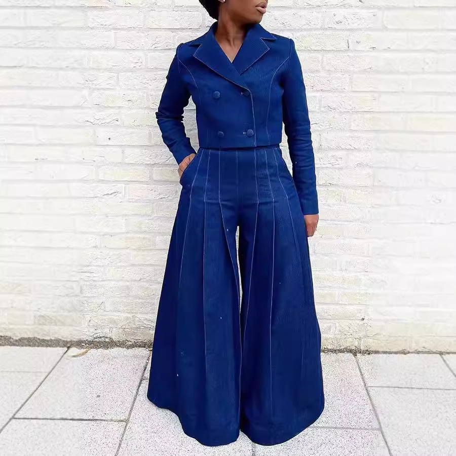 亚马逊女装  2024秋冬欧美热卖 职业时尚牛仔西装领阔腿裤套装