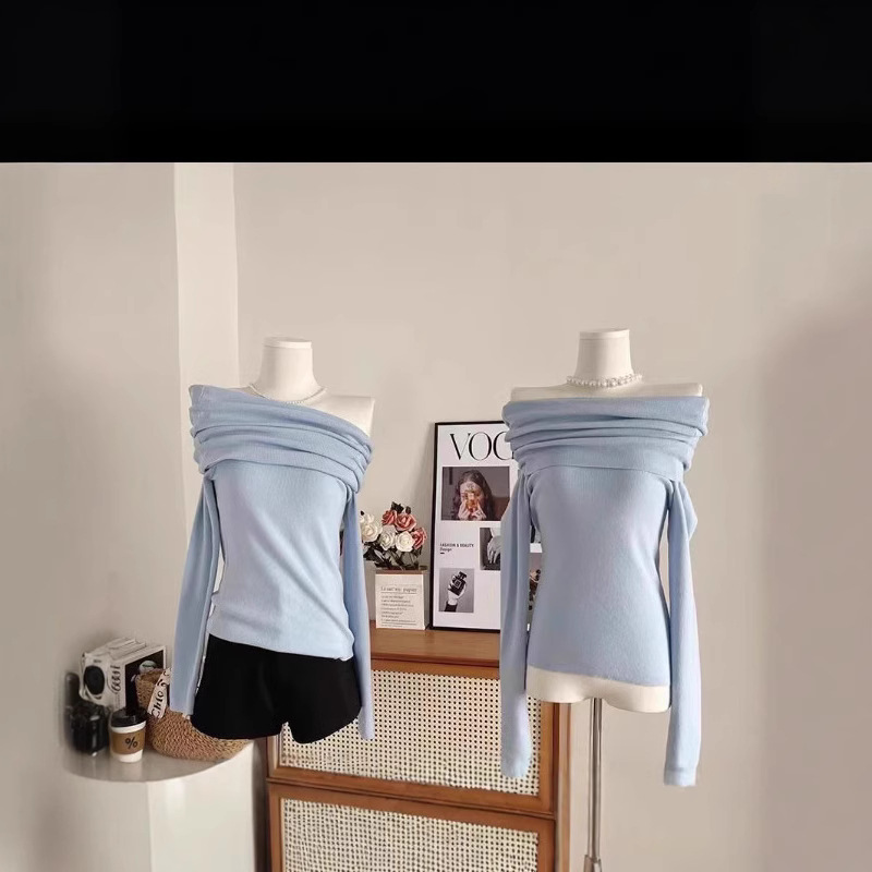 Korean Style Off-Shoulder Pure Desire Style Dopamine Temperament Women's Long-Sleeve Slim-Fit Early Autumn New Base Top