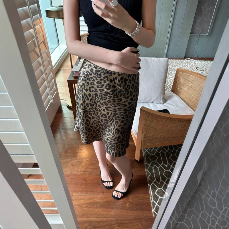 5Werkwn Retro Gilt Bronzing Leopard Print A-Line High-Waisted Skirt Summer New Slimming Look Skirt