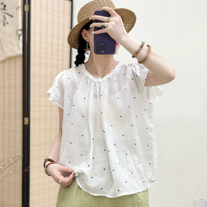 2025 новых летних корейских свободных рубашек с круглым вырезом, в горошек, с коротким рукавом из рами, для женщин, омолаживающие