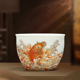 年年有鱼余羊脂玉白瓷主人杯单杯德化陶瓷品茗杯喝茶水杯茶碗盏