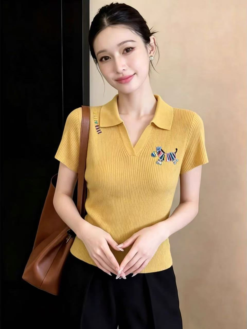 Áo thun cổ Polo nữ tay ngắn chất liệu cotton lạnh thêu hình ngựa nhỏ — màu tím