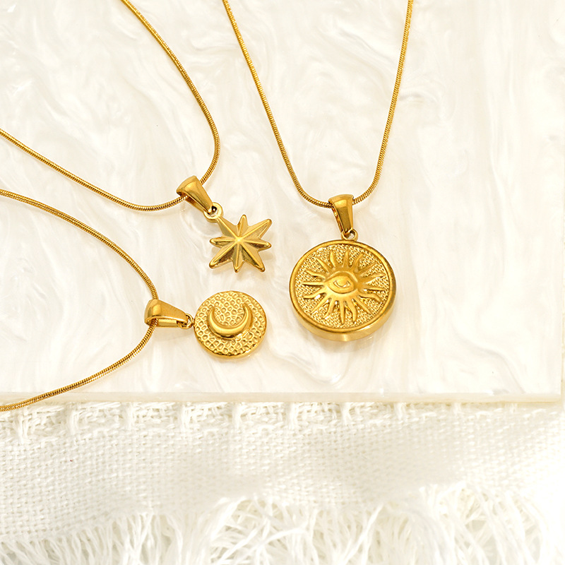 Sun, Star, Moon Pattern All Seasons Season Wholesale Jewelry IG Style Sun Star Moon 304 Stainless Steel 18K Gold Plated Plating Pendant Necklace Snake Chain