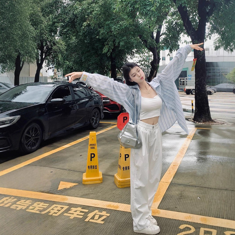 2025夏季外搭防晒衬衫上衣女设计感宽松慵懒长袖蓝色条纹休闲衬衣|undefined