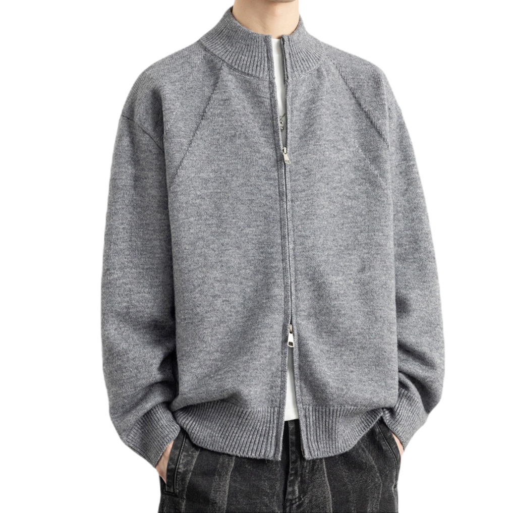 Explosiones transfronterizas de tamaño europeo de gran tamaño de cuello de pie cardigán chaqueta suéter de punto suéter de hombre doble cremallera fábrica al por mayor