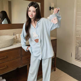今年流行秋冬新款德绒睡衣女开衫翻领兔子可爱甜美家居服两件套装