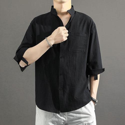 Cotton-Linen Shirt with Seven-Finger Cuffs, Fall-Harmonious Chinese Style Men's Top, Loose Men's Jacket, Cotton-Linen Casual Upper Garment