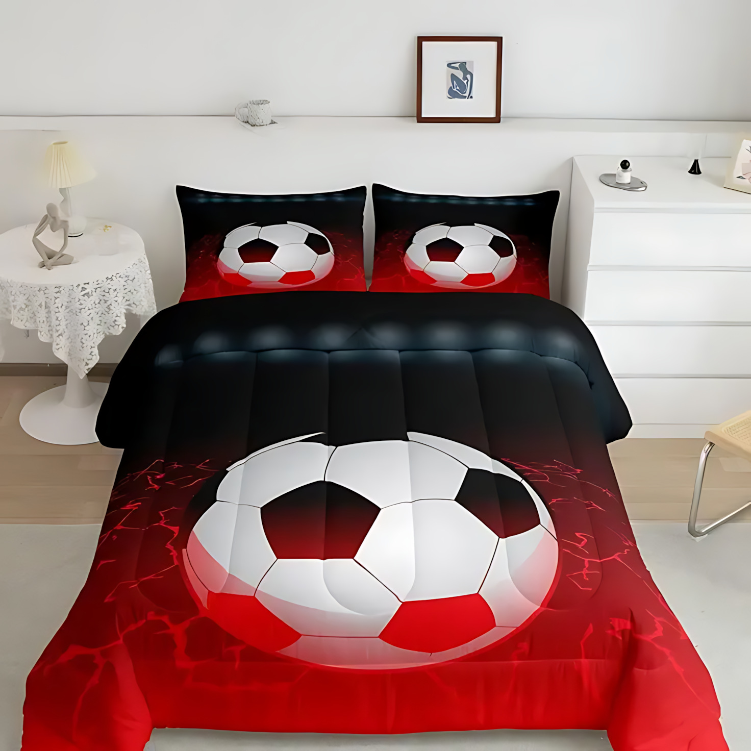 TEMU / JIT moda clásica patrón de fútbol impresión digital 180gms edredón funda de almohada set fuente fabricante