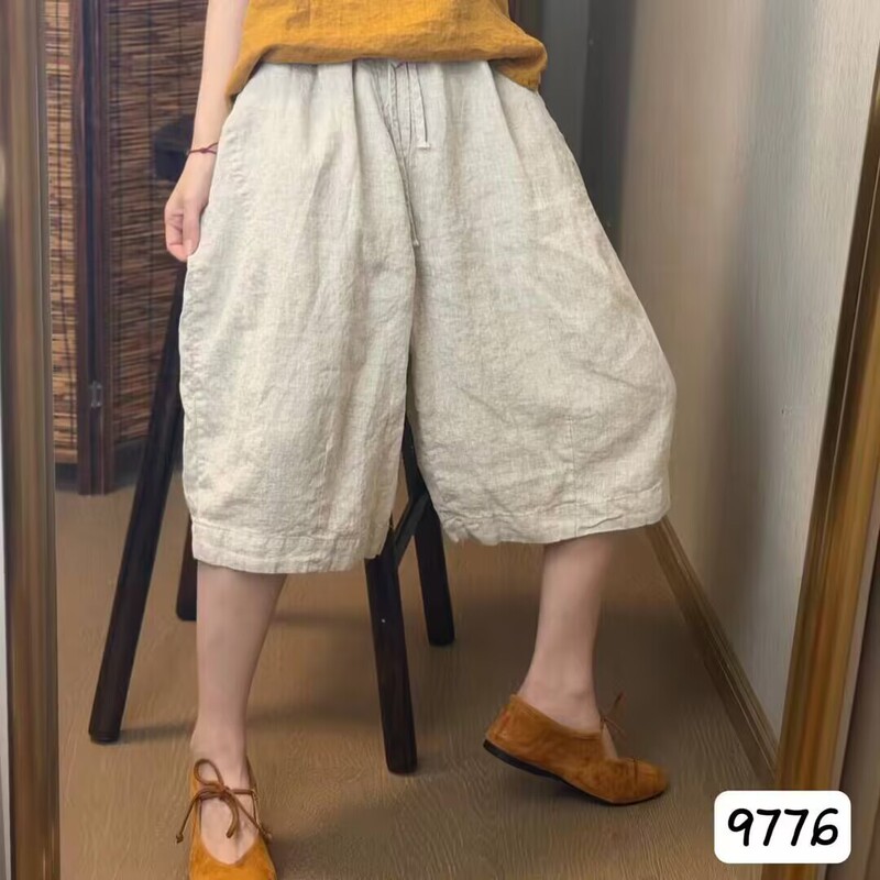 Summer New Style Linen Loose-Fitting Cropped Pants for Women, Vintage Elastic Waist Drawstring Wide-Leg Casual Pants 9776 Summer New Style Linen Loose-Fitting Cropped Pants for Women, Vintage Elastic Waist Drawstring Wide-Leg Casual Pants 9776