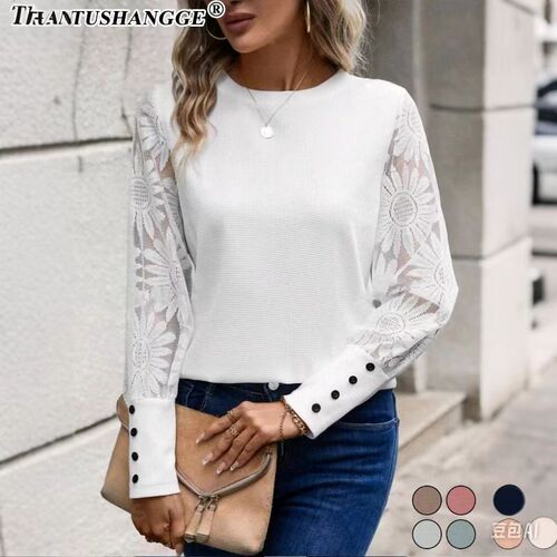 2024 Fall European and American Foreign Trade Amazon Solid Color Long Sleeve Embroidered Lace Spliced ​​Waffle Round Collar Top