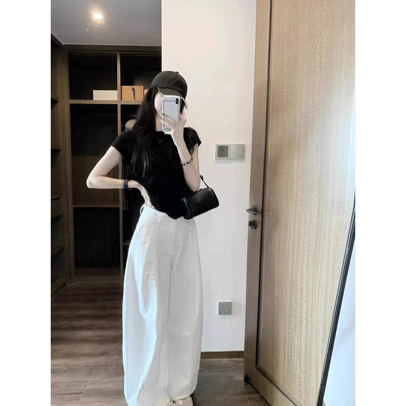 2388# 春款九分白色阔腿裤 薄款休闲裤 宽松显瘦阔腿裤长裤女|undefined