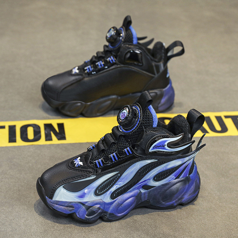 Fabricante directo de cuero para niños zapatos de correr botón giratorio jefe conmemorativo zapatos de baloncesto antideslizantes zapatos de suela gruesa