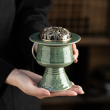 陶瓷香炉梅子青影雕缠枝莲香薰炉家用禅意茶道零件配件新中式摆件