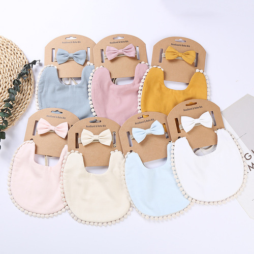 Cross-border new baby solid color lace saliva towel baby anti-vomiting children's bib pocket bow headband set