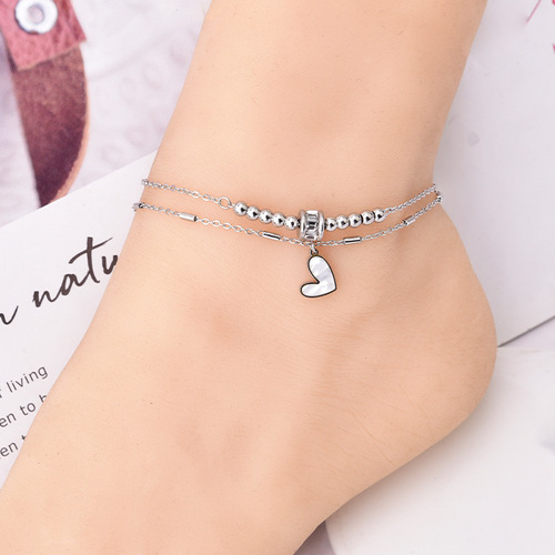 Fashion internet celebrity same style jewelry zircon transfer beads double layer love anklet shell small gold beads titanium steel color retention