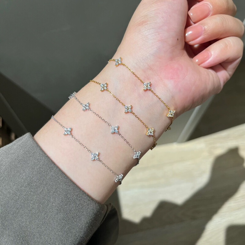 S925 Sterling Silver Plated with 14K Gold Four-Leaf Clover Zircon Fine Bracelet for Women, Stackable, Niche Design, High-End Feel, Wholesale Jewelry