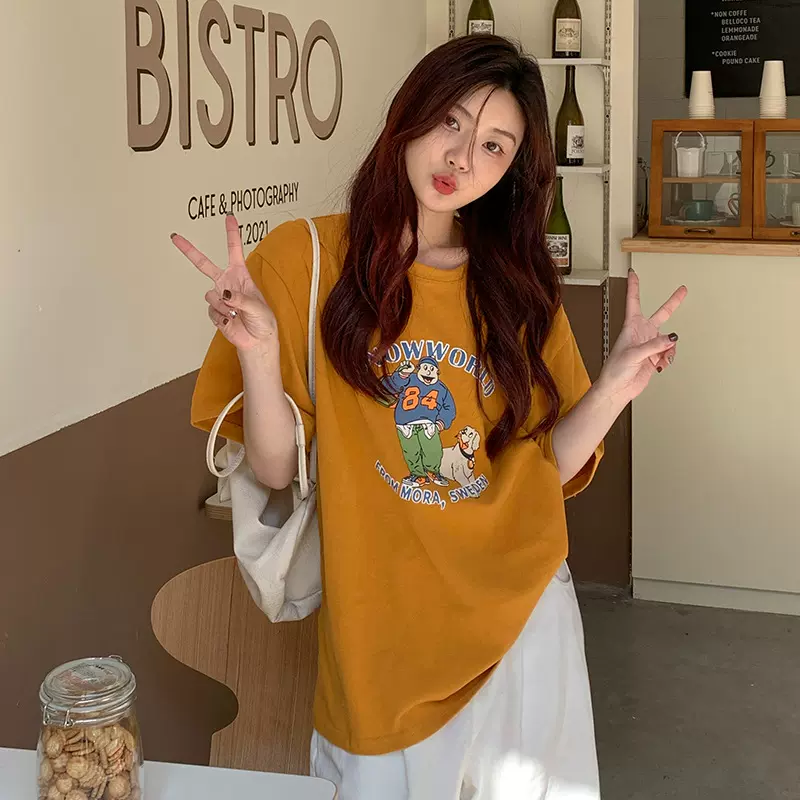 夏季新款韩版字母减龄卡通印花纯棉上衣女宽松短袖T恤ins打底衫潮