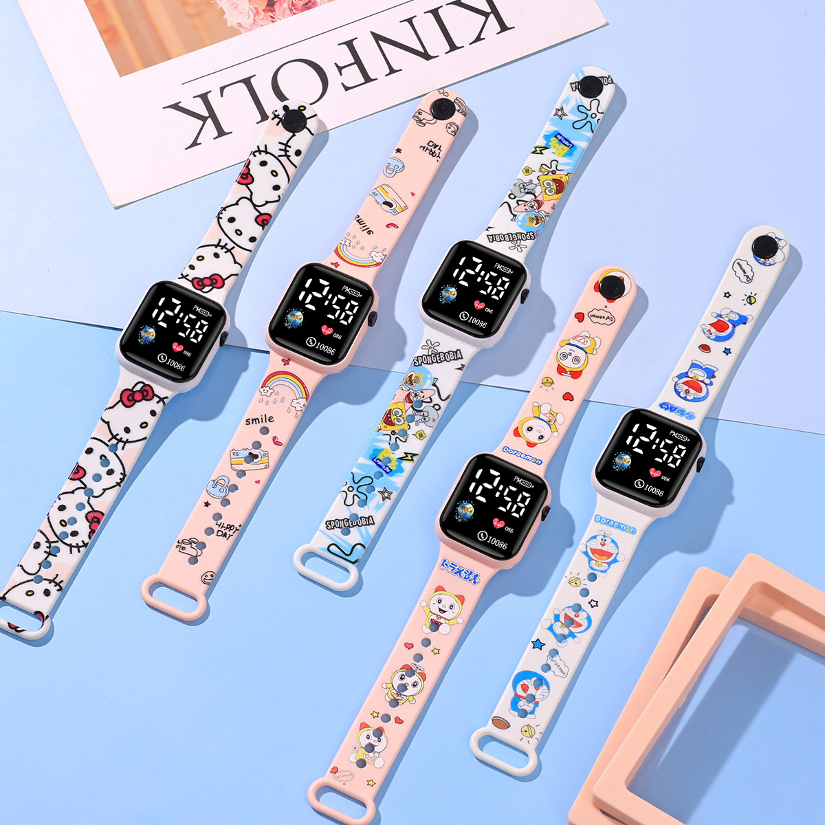 新款方块地球卡通印花发光表创意男女学生Y1简约按键LED电子手表