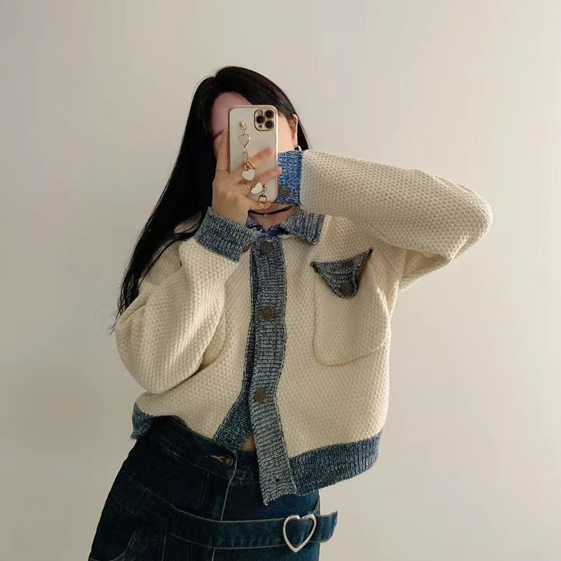 Damenbekleidung schicke modische Kontrastfarbkante altersreduzierende kleine Duftart Mischfarben-Strickjacke 2024 neue Artjacke_voghion.com