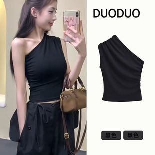 Black Slanted Shoulder Vest for Women's Summer Outer Wear, Unique and Chic Pure Lust Hot Girl Short Sleeveless Off-Shoulder Sweet and Spicy Top