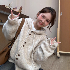 连帽毛衣开衫外套女秋冬季加厚韩系穿搭宽松慵懒风针织衫软糯上衣