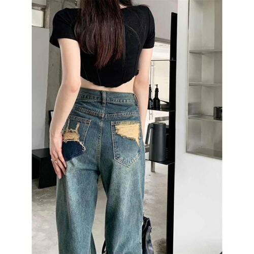Narrow version wide-leg jeans for women's spring and autumn style  new style high-waist drag-feeling slimming contrast color small straight pants