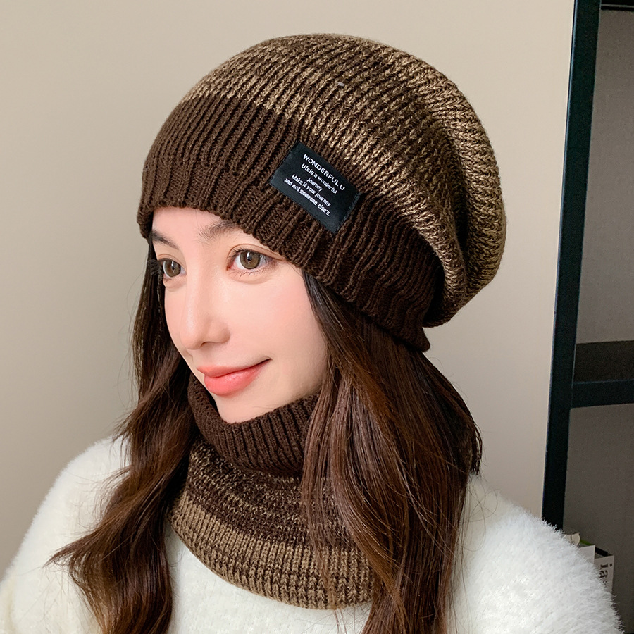 Knitted pullover hat scarf kit men's and women's winter thickened and velvet outdoor face protection two-color knitted hat_voghion.com