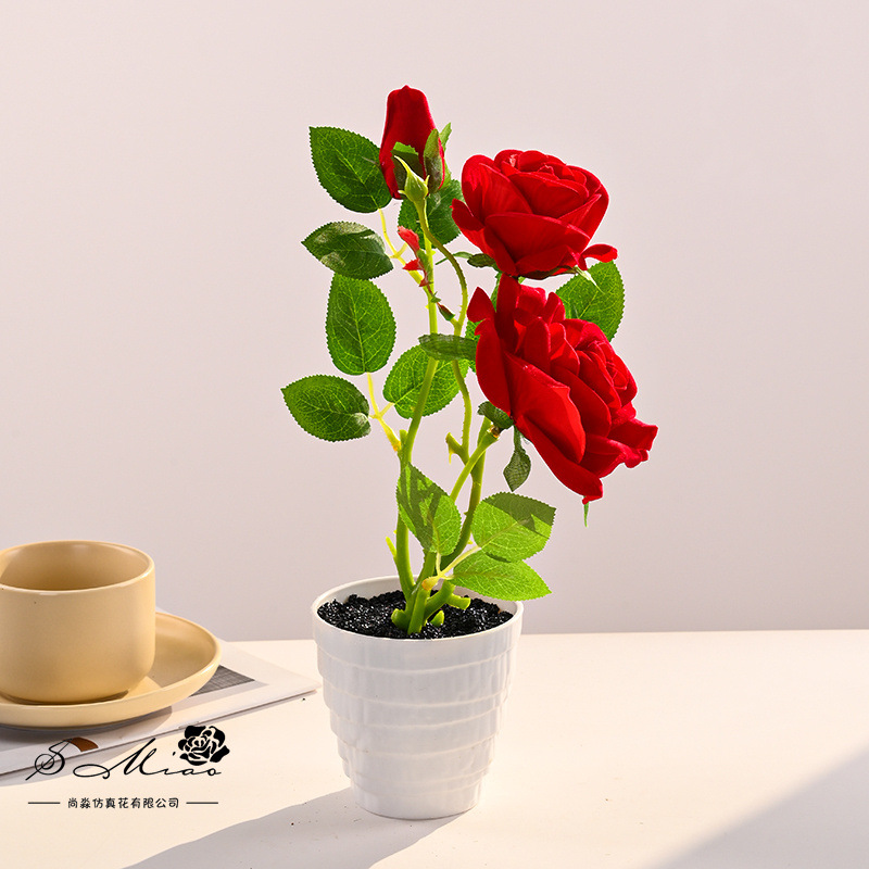 Bonsai de rosa de franela de tres cabezas, flores de simulación creativa, decoración de estudio fotográfico para el hogar, plantas verdes artificiales, plantas en macetas de simulación