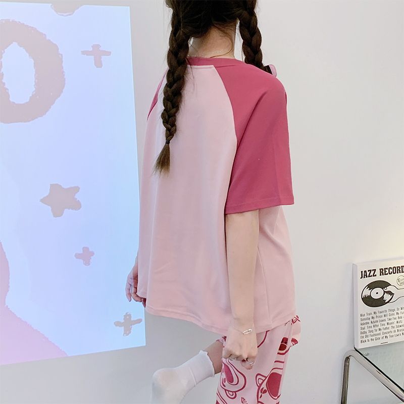 Pijamas con cojín de pecho para mujeres de verano nuevos pantalones de manga corta set de dibujos animados lindos de verano delgada ropa de hogar de tamaño grande