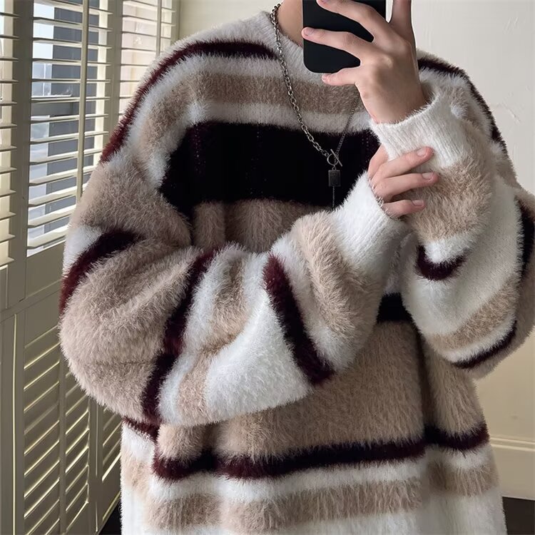 Soft Waxy Boyfriend Style Striped Sweater Men's Thick High-end Sense Lazy Fashion Brand oversize Winter Thickened Knitted Sweater