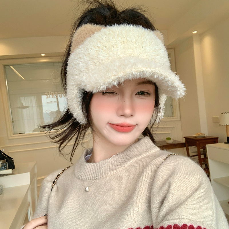 可爱猫咪耳朵毛绒空顶鸭舌帽秋冬季防风护耳帽户外休闲保暖帽子女|undefined