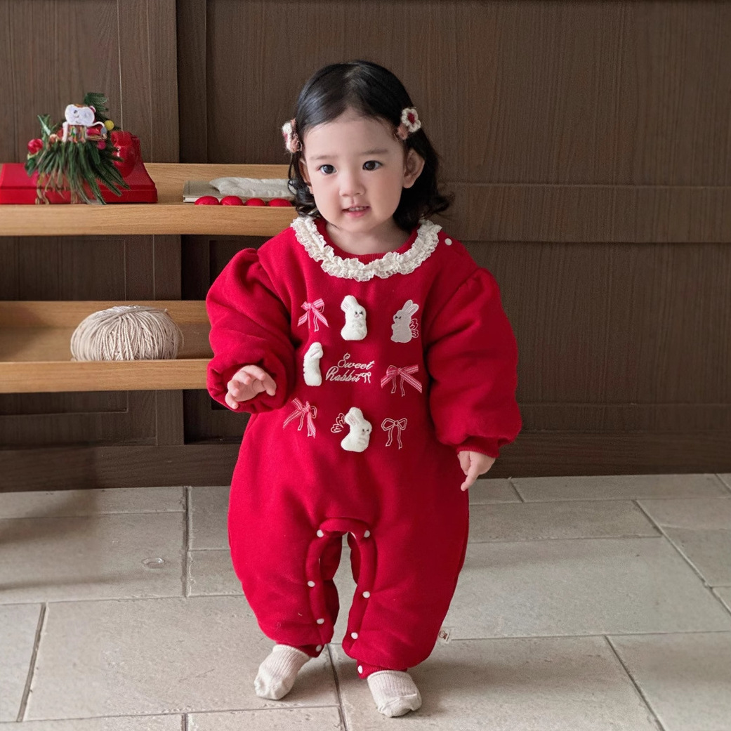 2025 ropa de algodón de estilo chino para bebés, encaje festivo de año nuevo, lindo conejito, ropa de Año Nuevo, mono acolchado grueso