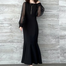 日韩系2025春季新款显瘦长袖宽松拼接长款连衣裙长裙鱼尾裙DRESS