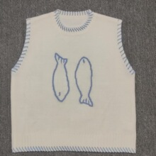 现货韩版拼色圆领复古手工编织小鱼套头毛衣女新款宽松针织衫背心