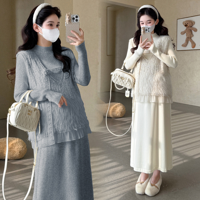 现货2025秋冬孕妇裙韩版时尚重工钩花花朵马甲+软糯打底孕妇套装|undefined