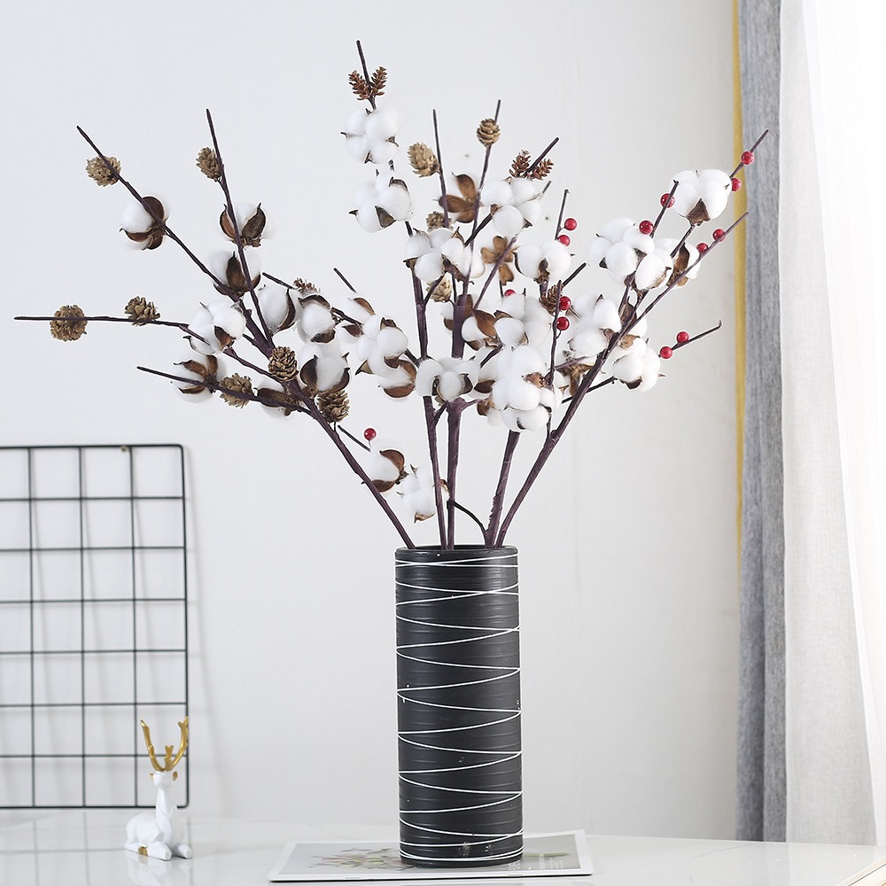 Envío Gratis, Flores Secas, Ramas Decorativas de Algodón, Adornos para Mesa de Navidad y Año Nuevo, Frutos Rojos Artificiales, Flores Falsas, Plantas Verdes