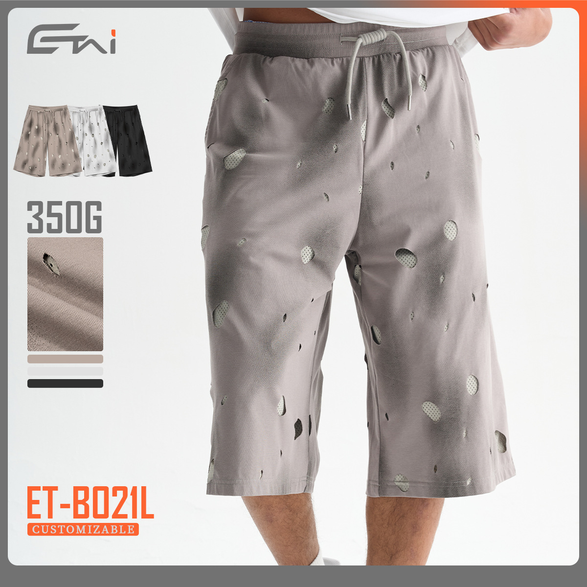 ETAI Hombre| Alta calidad falsa dos piezas agujeros viejos pantalones de rodilla de malla suelta transpirables pantalones cortos de hombre de doble capa