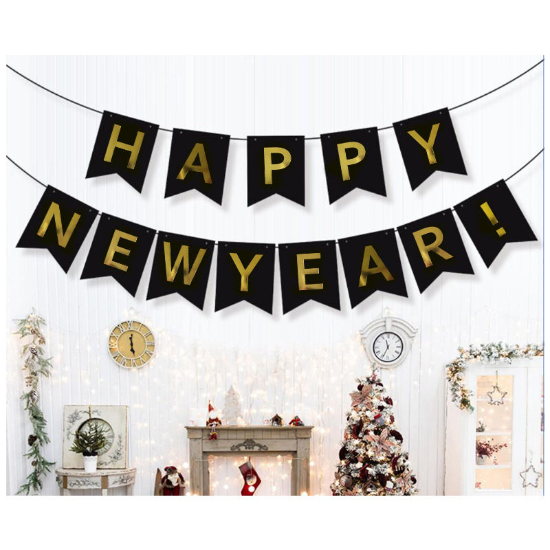 New Year Happy Flag Fish Tail Gold Bow Tie New Year Party Decoration Banner HAPPY NEW YEAR New Year Flag