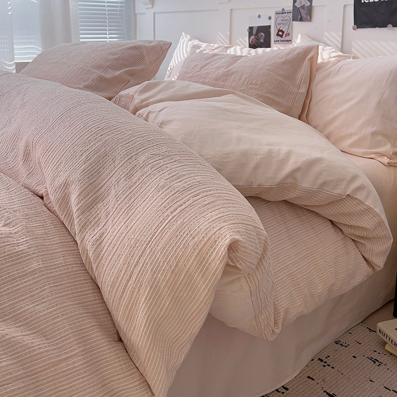 Minimalist, Unadorned Style, Pure Cotton Four-piece With Striped Duvet Cover, Bed Fitted Sheet, Suitable For Students'_voghion.com