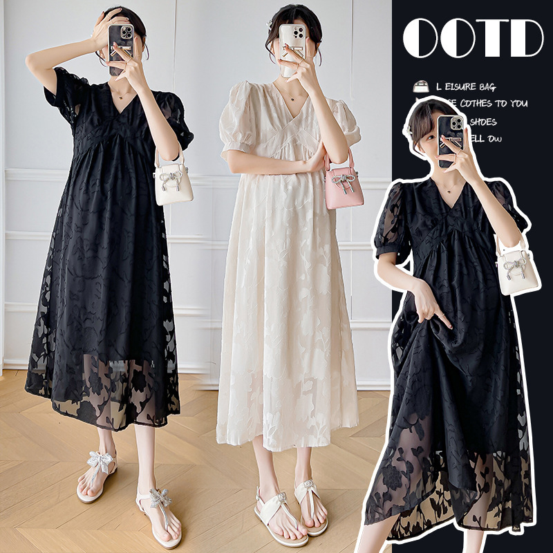 Maternity 2024 Summer New Elegant V-neck Jacquard Mid-length Belly Covering Slim Dress