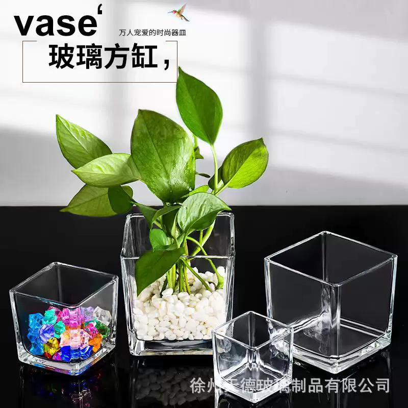 批发简约透明加厚方缸玻璃花瓶摆件客厅绿植花盆水养插花水培装饰