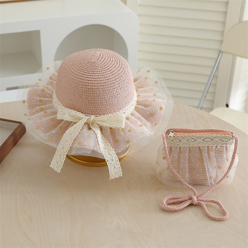 Polka-dot cut-off straw hat-pink