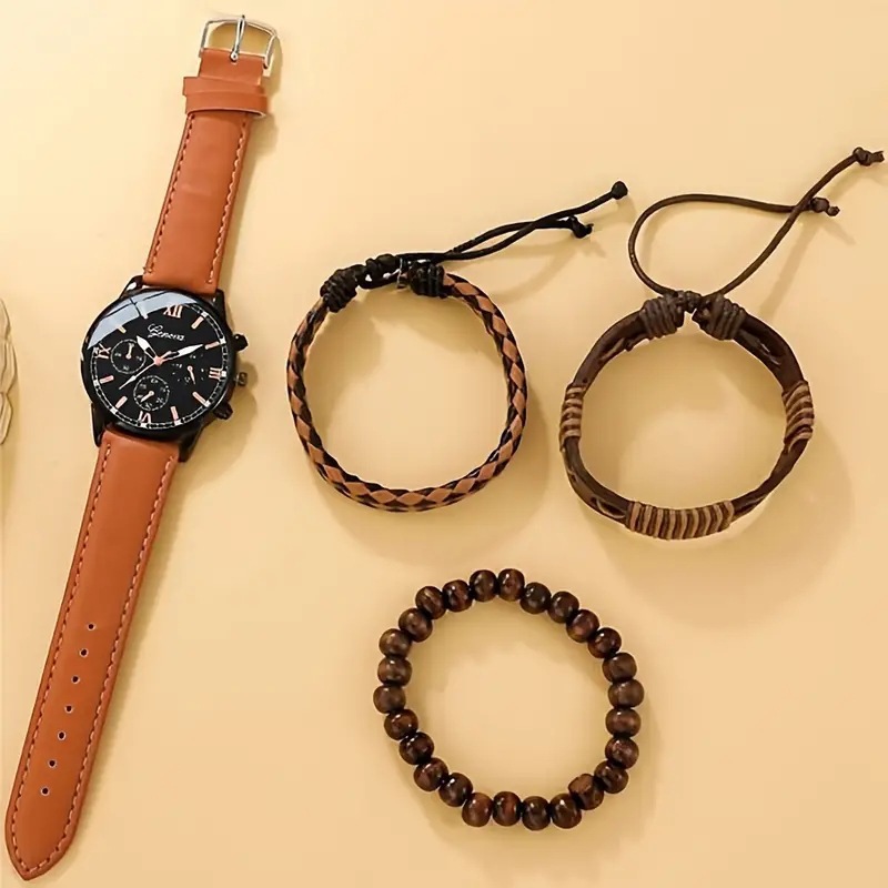 Orologio al quarzo da uomo con tre occhi, tendenza moda business, più bracciale intrecciato, 4 pezzi/set_voghion.com