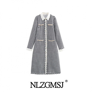 2024 autumn new women's European and American style fashion simple temperament houndstooth stitching long sleeve dress