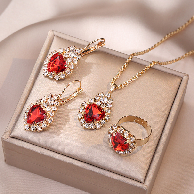 collana donna rete rosso zircone nicchia versatile orecchini ciondolo set metallo clavicola catena fabbrica_voghion.com