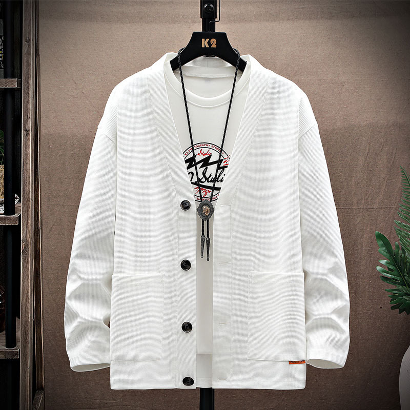 Men's Coat Autumn and Winter New Waffled V-neck Cardigan Sweater Men's Fashionable Brand Teenager Handsome All-match Jacket